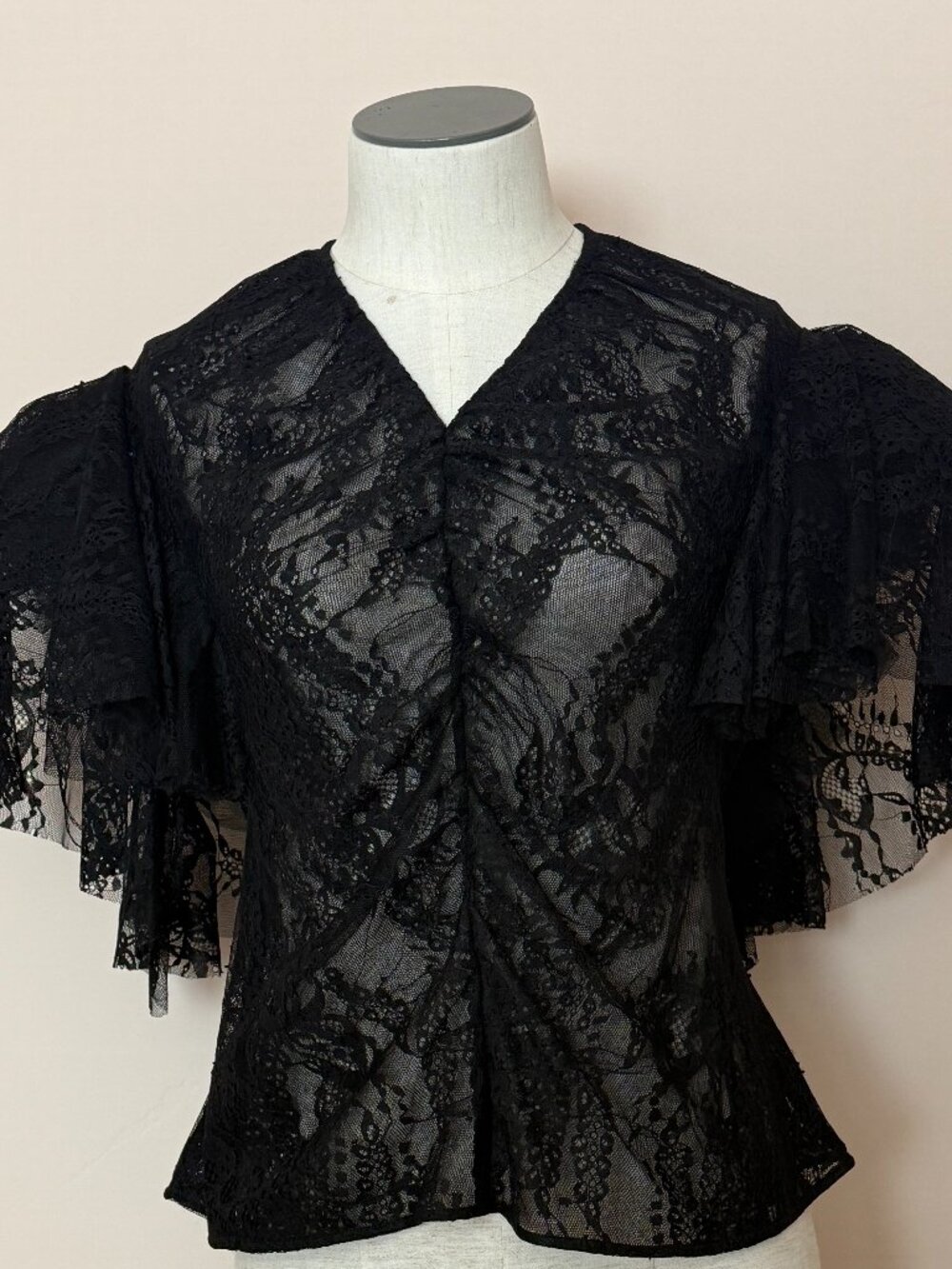 Osman Yousefzada Black Lace Top Ruffle Sleeve Blouse Size 12